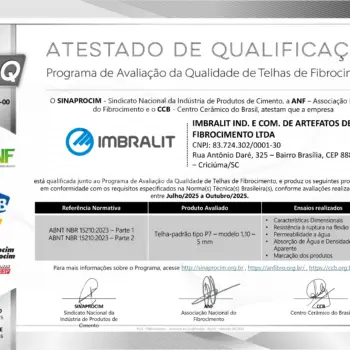 Imbralit recebe o Selo de Produto Qualificado do Programa de Avaliação da Qualidade de Fibrocimento