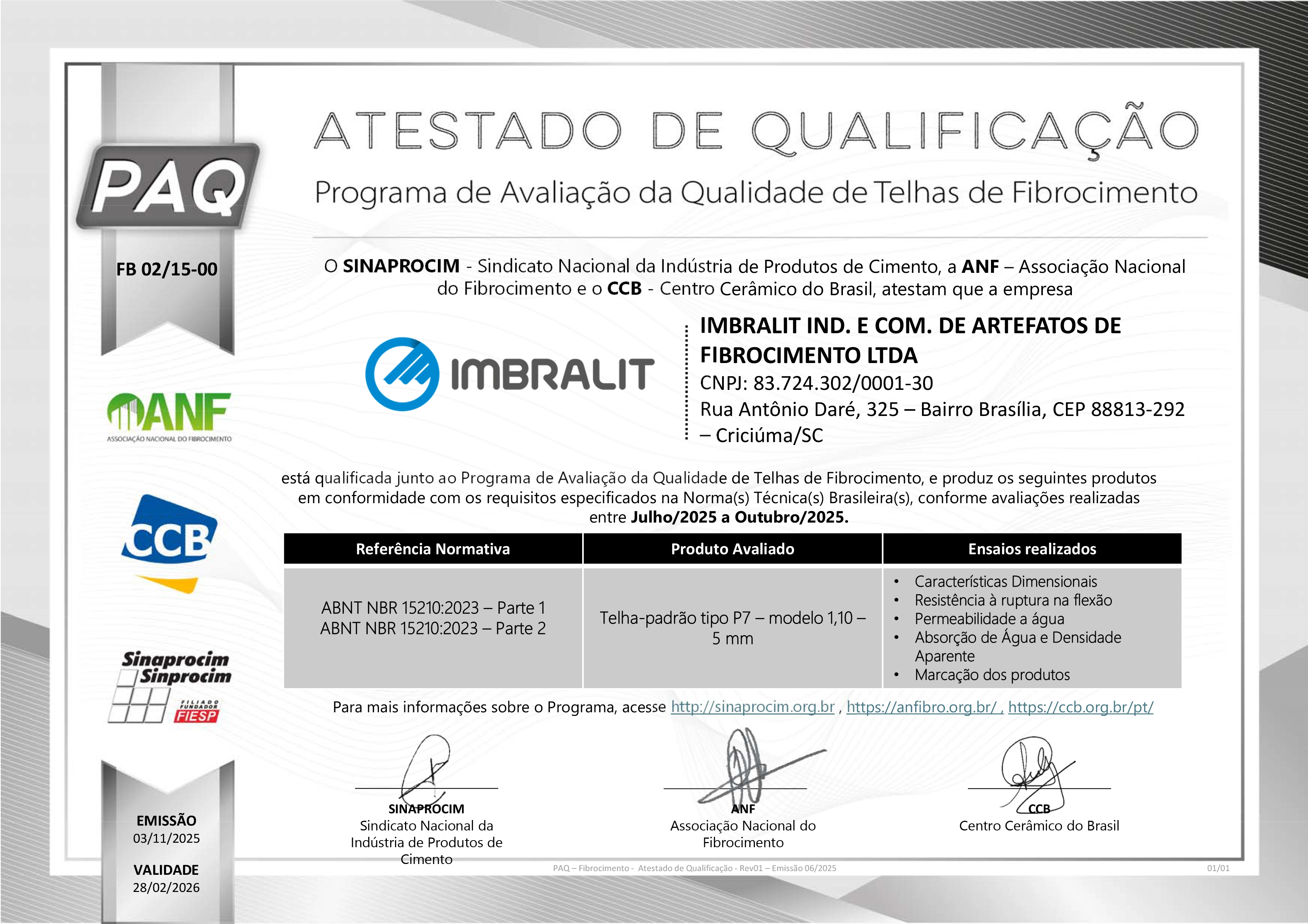 Imbralit recebe o Selo de Produto Qualificado do Programa de Avaliação da Qualidade de Fibrocimento